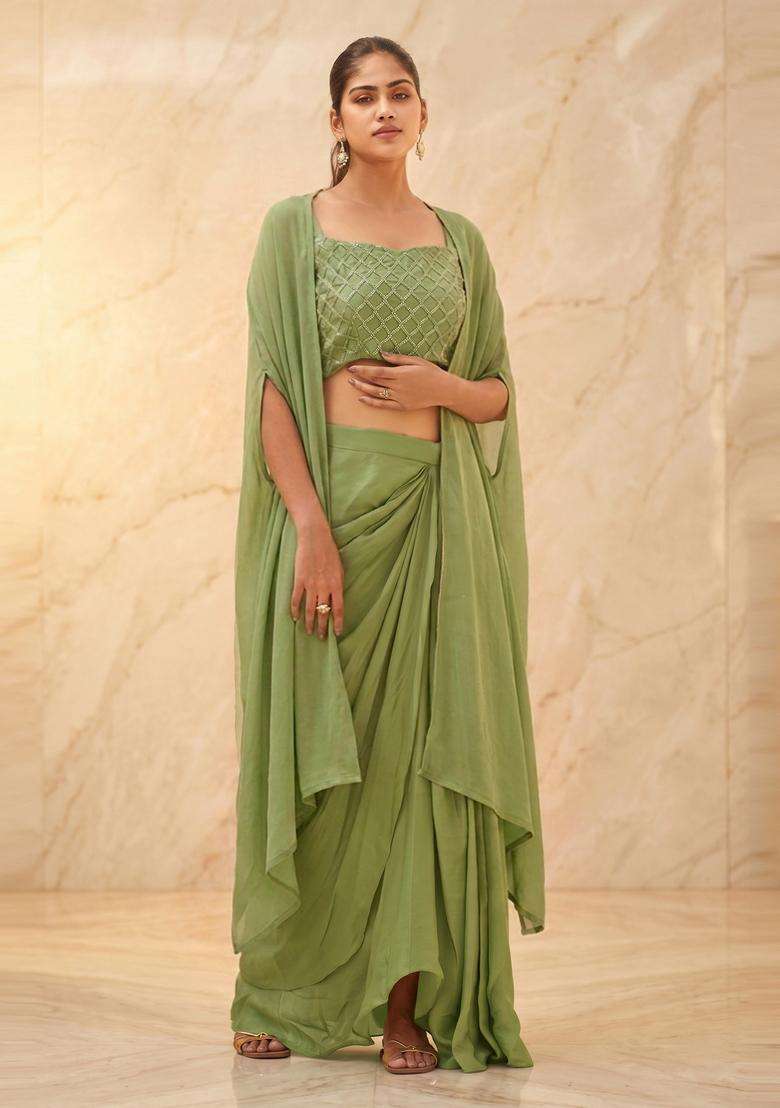 Sage Green Embroidered Handwork Fusion Set - Indya