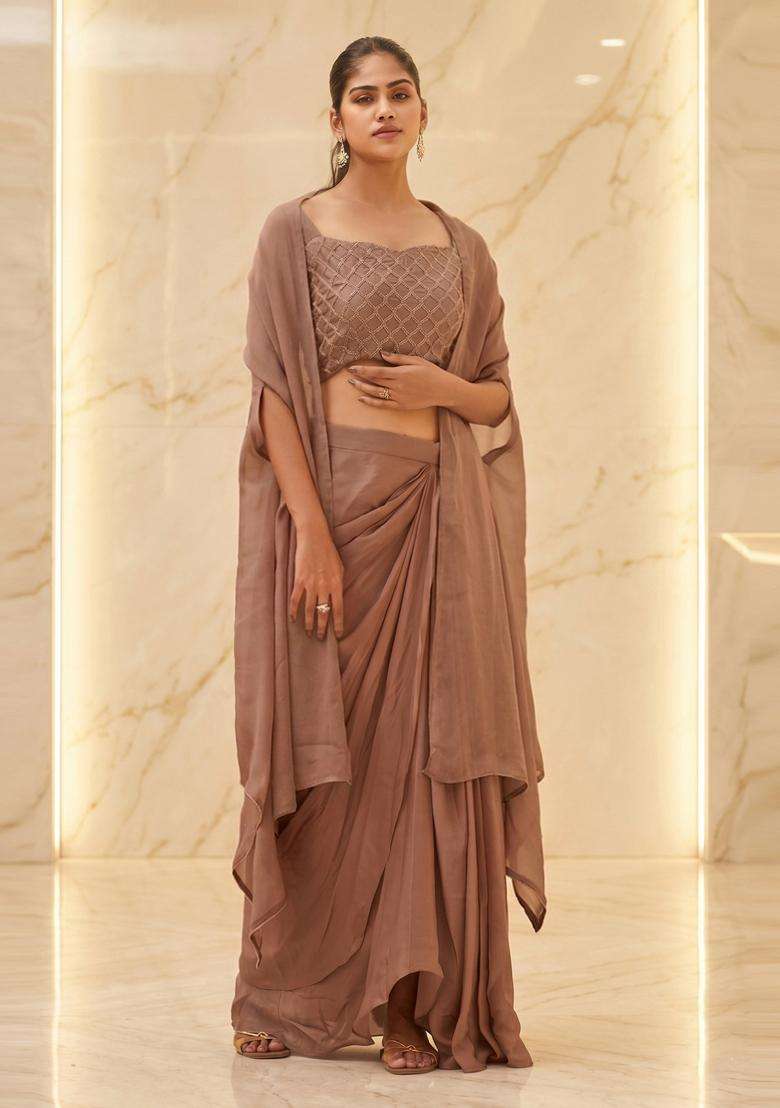 Beige Embroidered Handwork Fusion Set - Indya