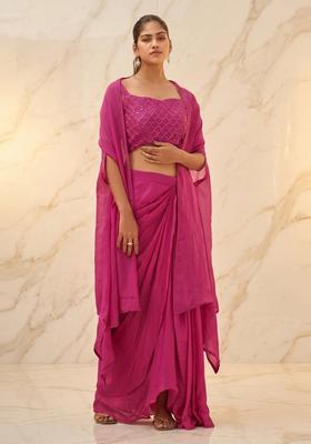 Magenta Pink Embroidered Handwork Fusion Set