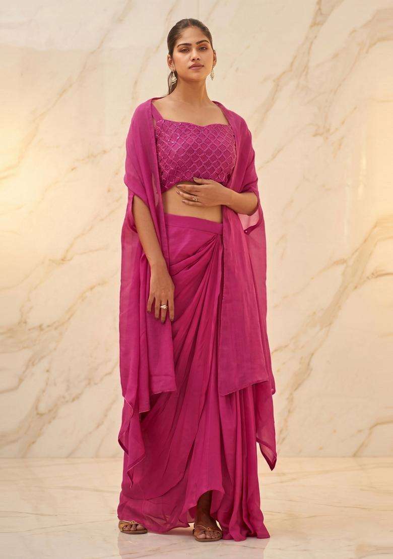 Magenta Pink Embroidered Handwork Fusion Set - Indya
