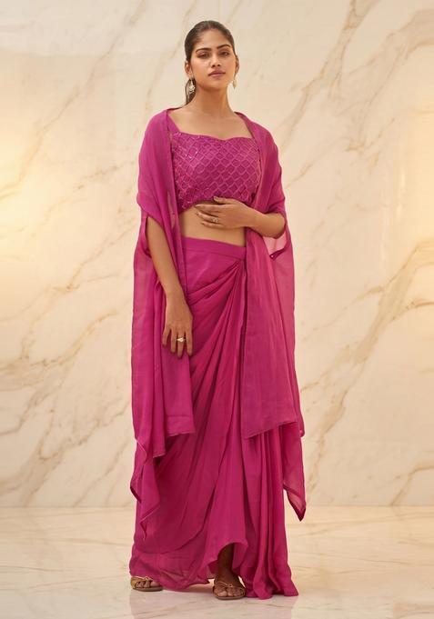 Magenta Pink Embroidered Handwork Fusion Set
