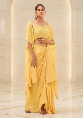 Pastel Yellow Embroidered Handwork Fusion Set