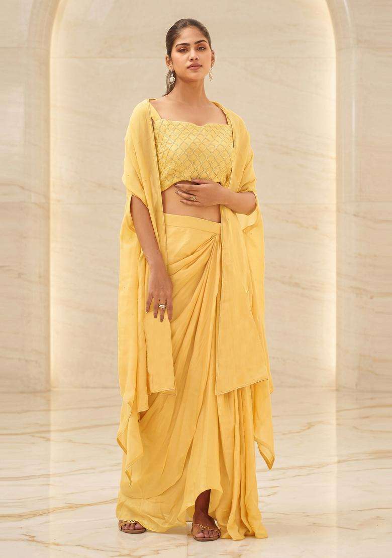 Pastel Yellow Embroidered Handwork Fusion Set - Indya
