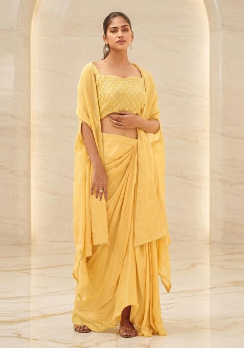 Pastel Yellow Embroidered Handwork Fusion Set