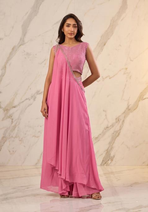 Pink Embroidered Handwork Fusion Set