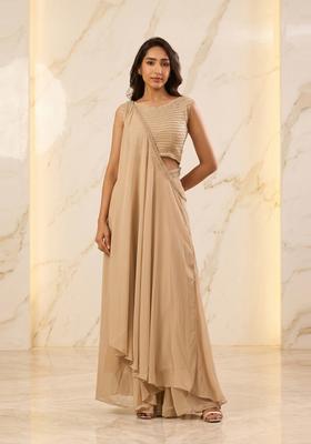 Beige Embroidered Handwork Fusion Set