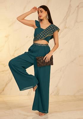 Deep Teal Embroidered Handwork Fusion Set