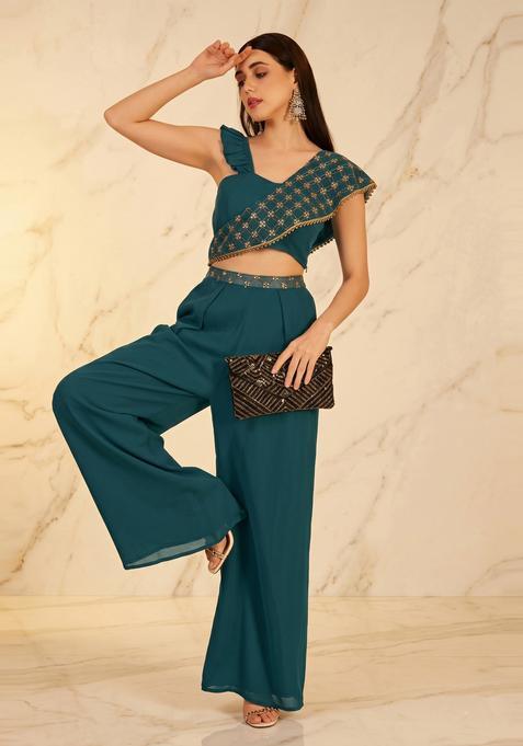 Deep Teal Embroidered Handwork Fusion Set