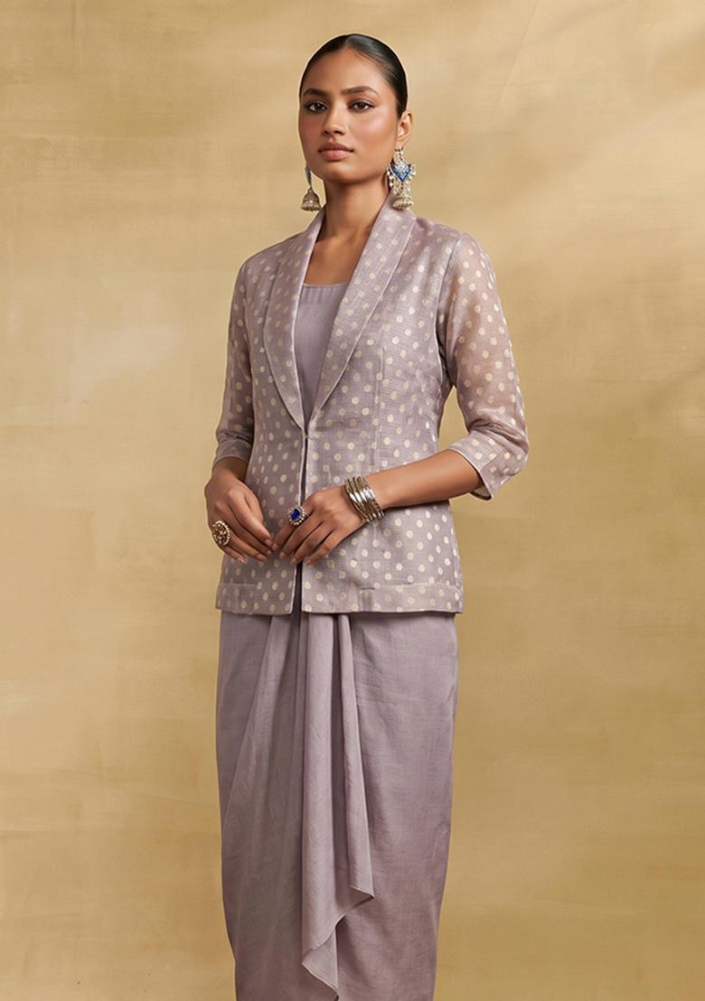 Light Grey Jacquard Brocade Fusion Set - Indya
