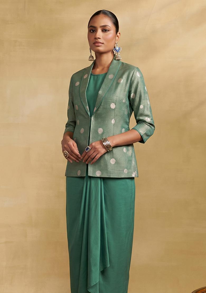 Bottle Green Jacquard Brocade Fusion Set - Indya
