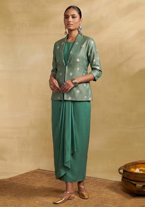Bottle Green Brocade Fusion Set