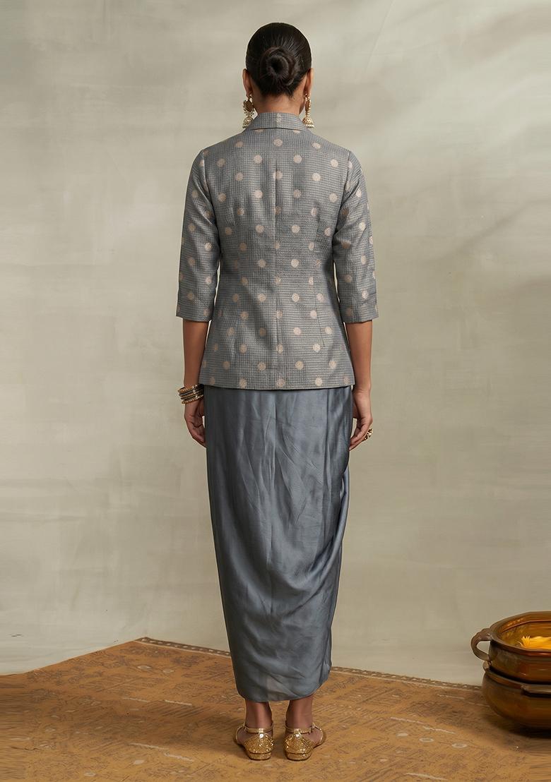 Slate Grey Jacquard Brocade Fusion Set - Indya