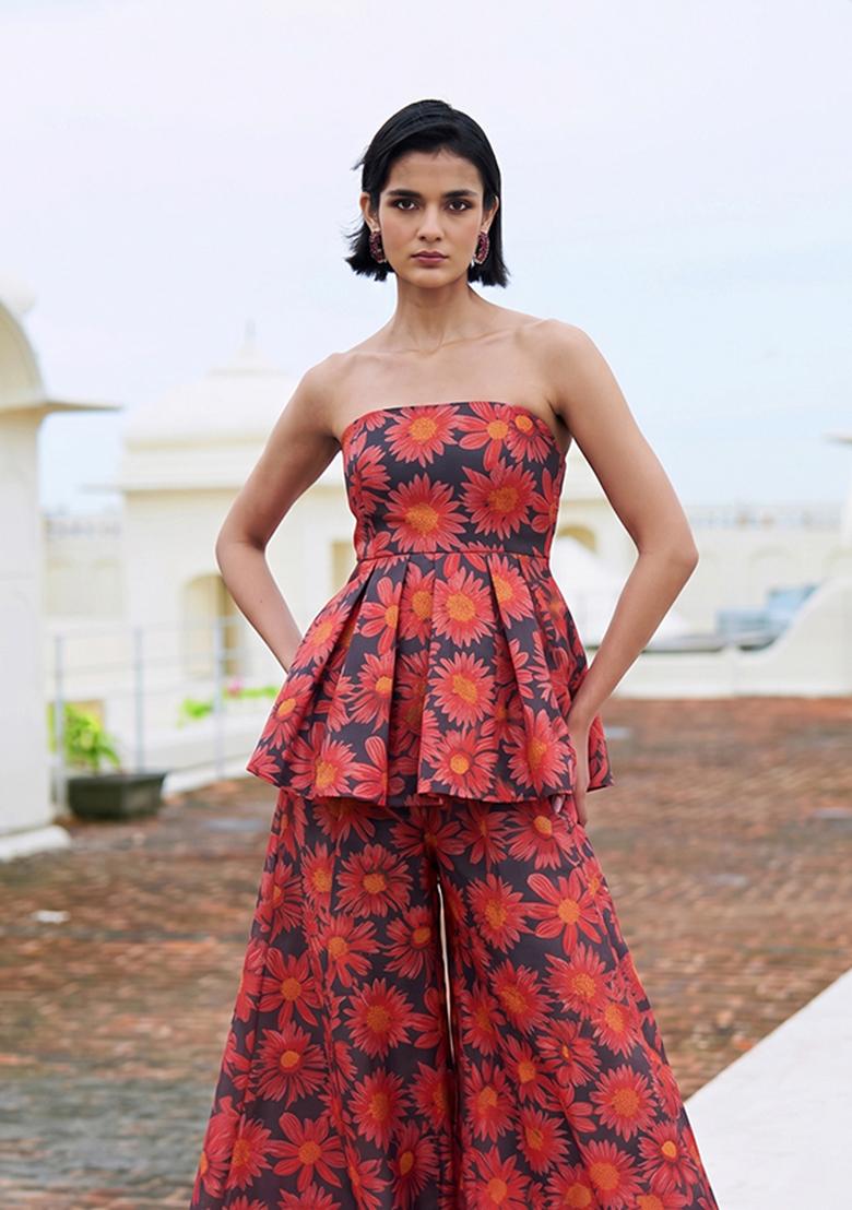 Red Printed Organza Fusion Set - Indya