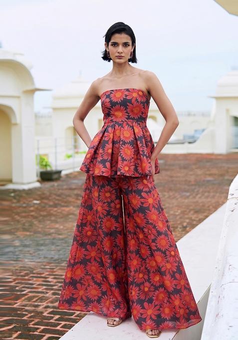 Red Printed Organza Fusion Set