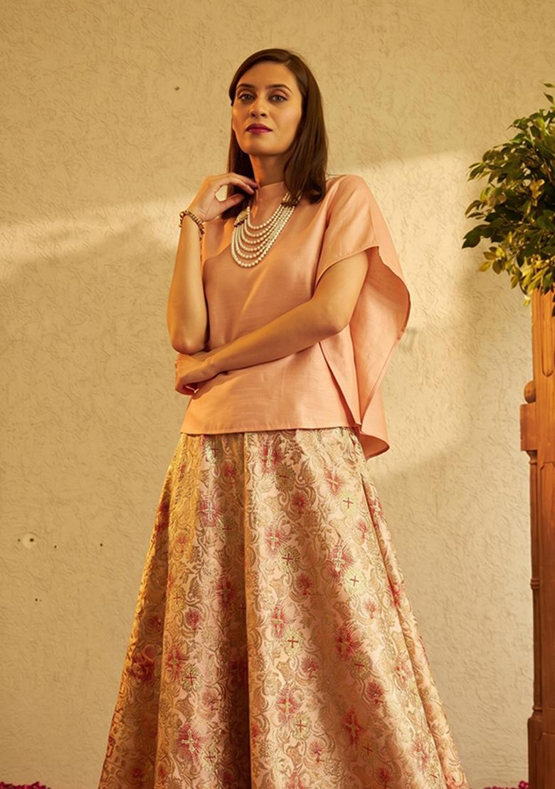 Peach Jacquard Brocade Lehenga Set - Indya
