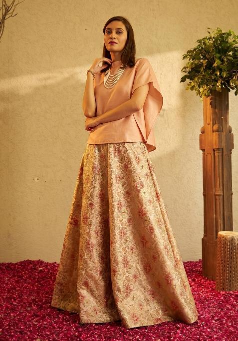 Peach Jacquard Brocade Lehenga Set