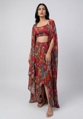 Deep Red Printed Crepe Fusion Set