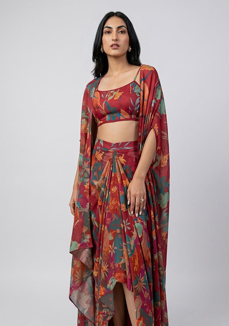 Deep Red Printed Crepe Fusion Set - Indya