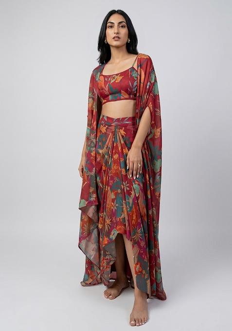 Deep Red Printed Crepe Fusion Set