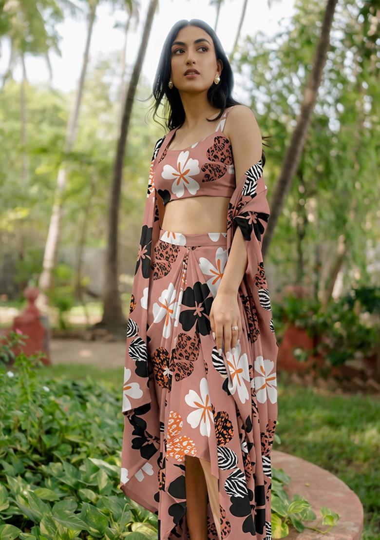 Pastel Pink Printed Crepe Fusion Set - Indya