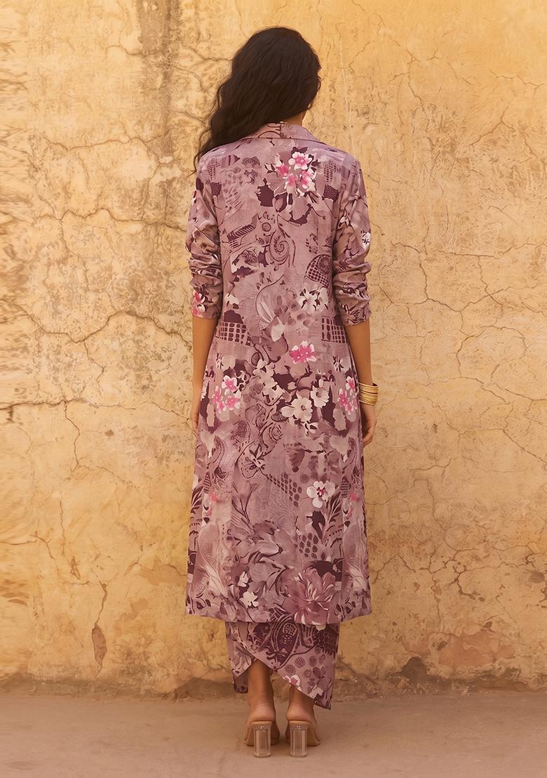 Dusty Purple Printed Crepe Fusion Set - Indya
