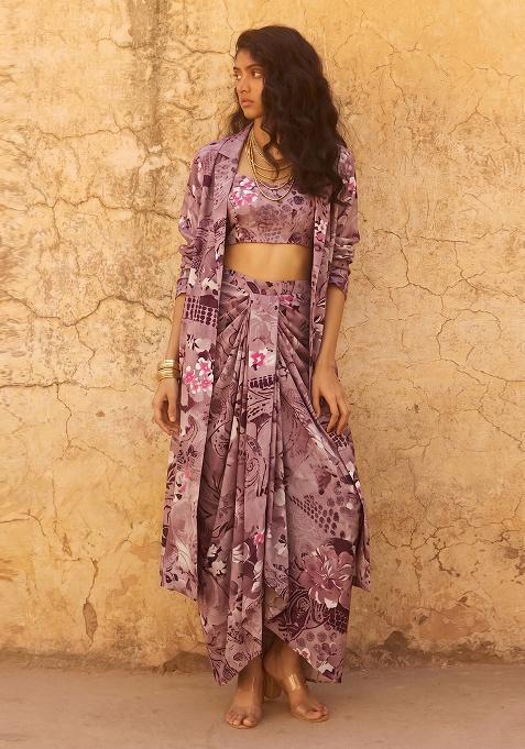 Dusty Purple Printed Crepe Fusion Set