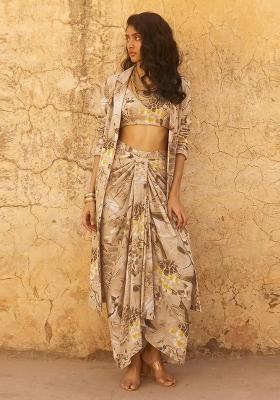 Beige Printed Crepe Fusion Set