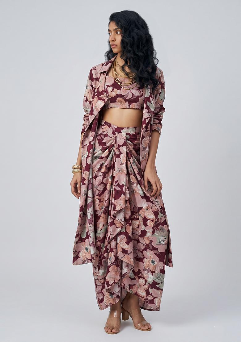 Wine Printed Crepe Fusion Set - Indya