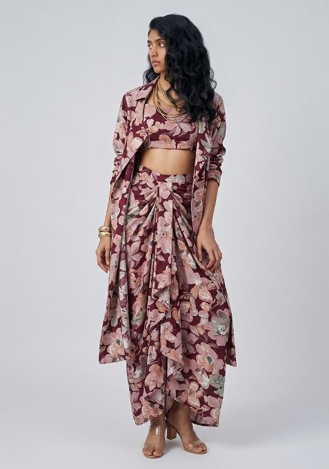 Wine Printed Crepe Fusion Set