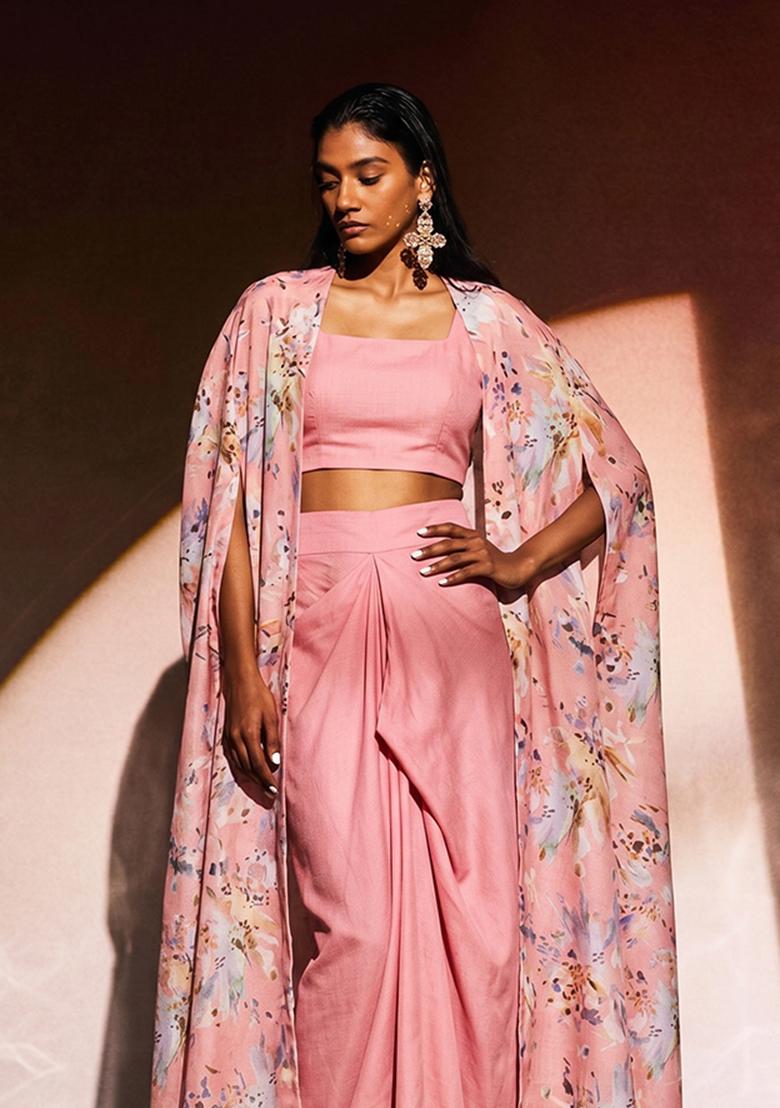 Pastel Pink Printed Organza Fusion Set - Indya
