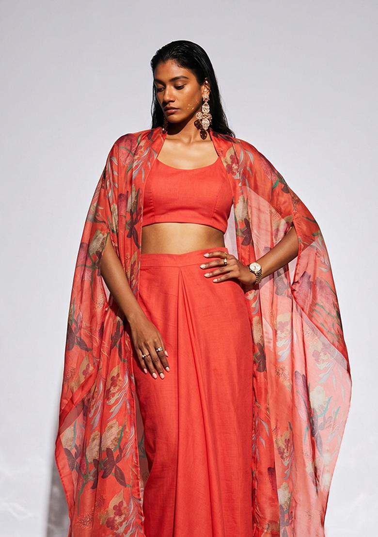 Orange Printed Organza Fusion Set - Indya