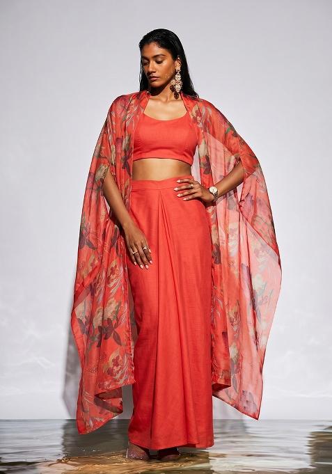 Orange Printed Organza Fusion Set
