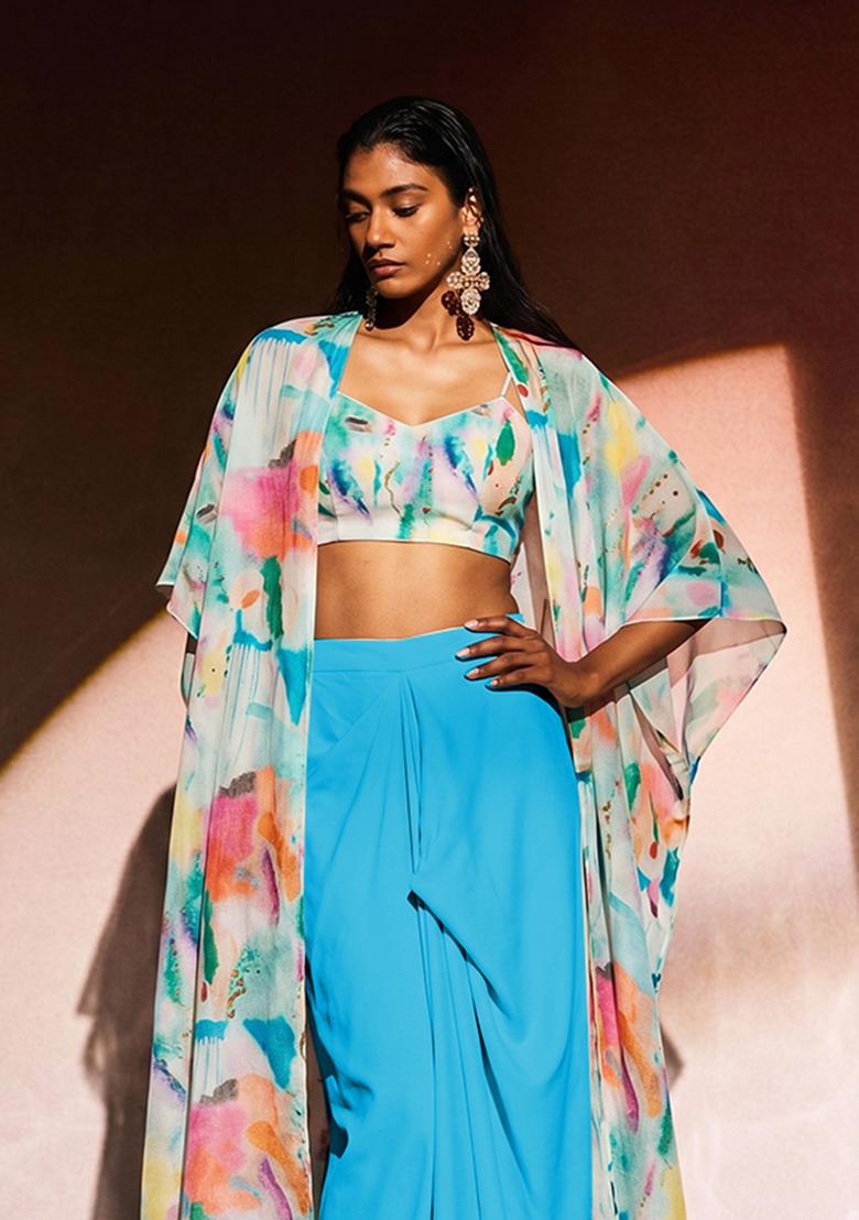 Blue Printed Organza Fusion Set - Indya