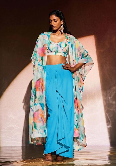 Blue Printed Organza Fusion Set