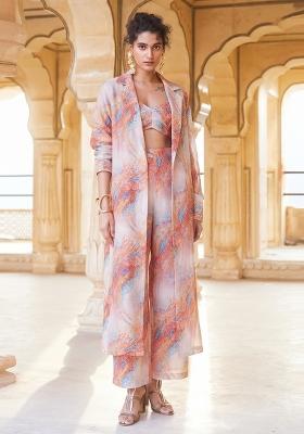 Pink Printed Organza Fusion Set