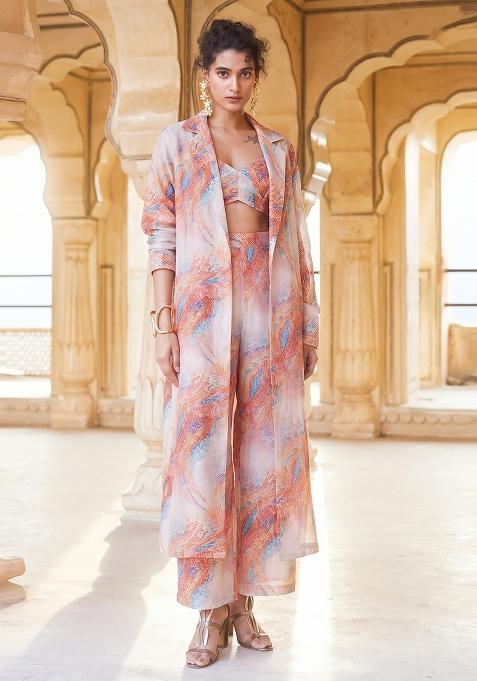 Pink Printed Organza Fusion Set