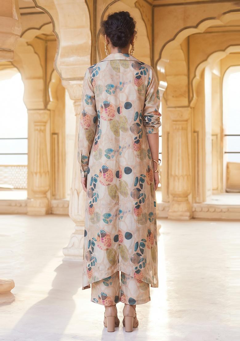 Cream Printed Organza Fusion Set - Indya