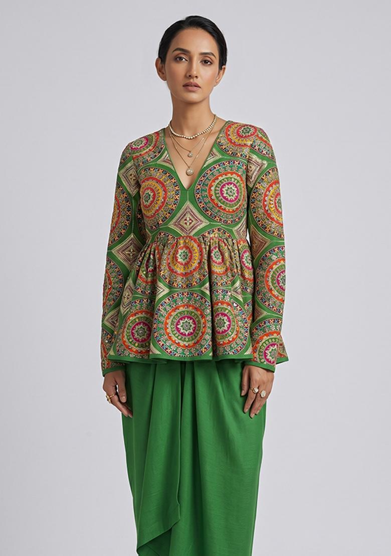 Green Embroidered Crepe Fusion Set - Indya