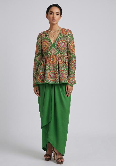Green Embroidered Crepe Fusion Set