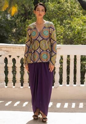 Purple Embroidered Crepe Fusion Set