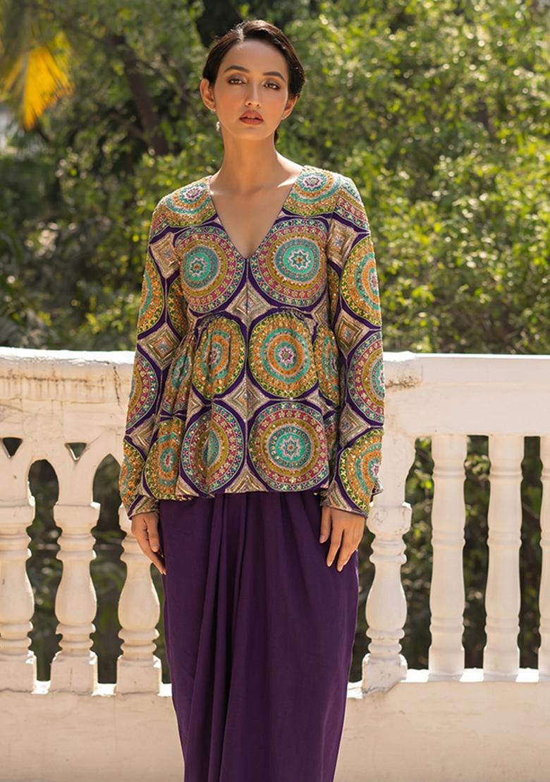 Purple Embroidered Crepe Fusion Set - Indya