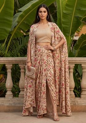 Beige Printed Silk Fusion Set