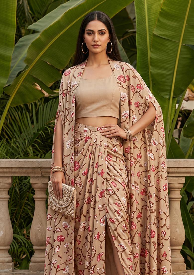 Beige Printed Silk Fusion Set - Indya