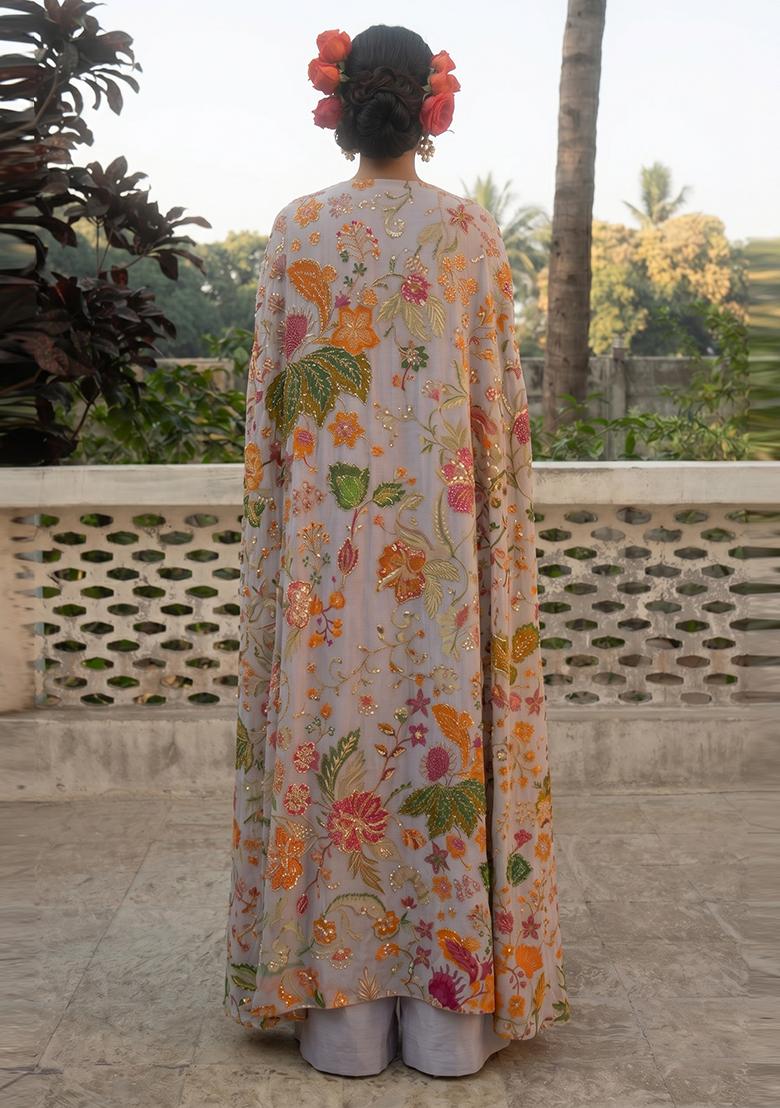 Grey Printed Organza Fusion Set - Indya