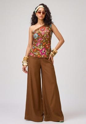 Chestnut Brown Printed Crepe Fusion Set