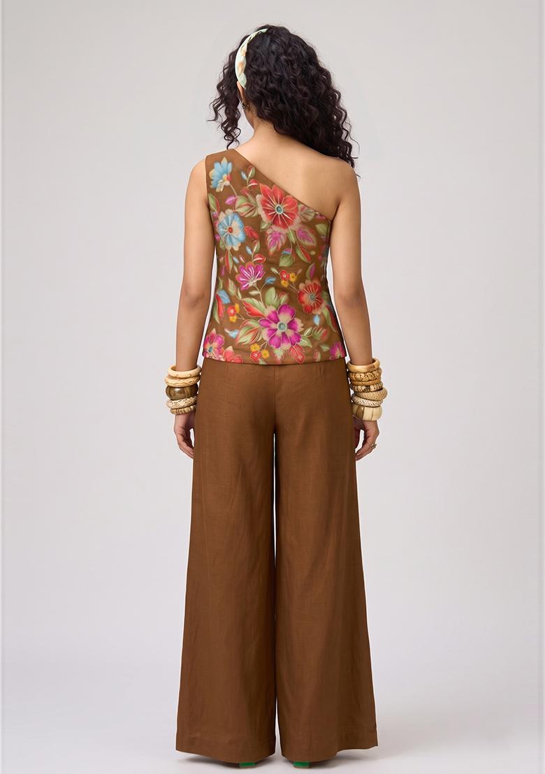 Chestnut Brown Printed Crepe Fusion Set - Indya