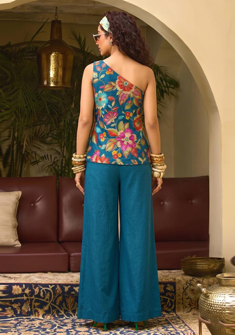 Teal Blue Printed Crepe Fusion Set - Indya