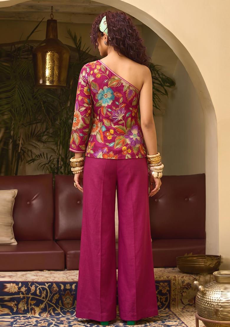 Magenta Printed Crepe Fusion Set - Indya