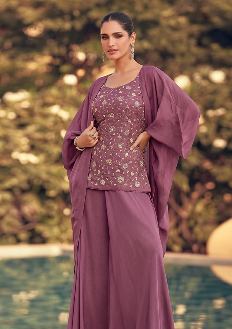 Mauve Embroidered Tissue Fusion Set - Indya