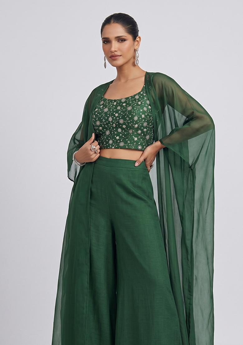 Dark Green Embroidered Tissue Fusion Set - Indya